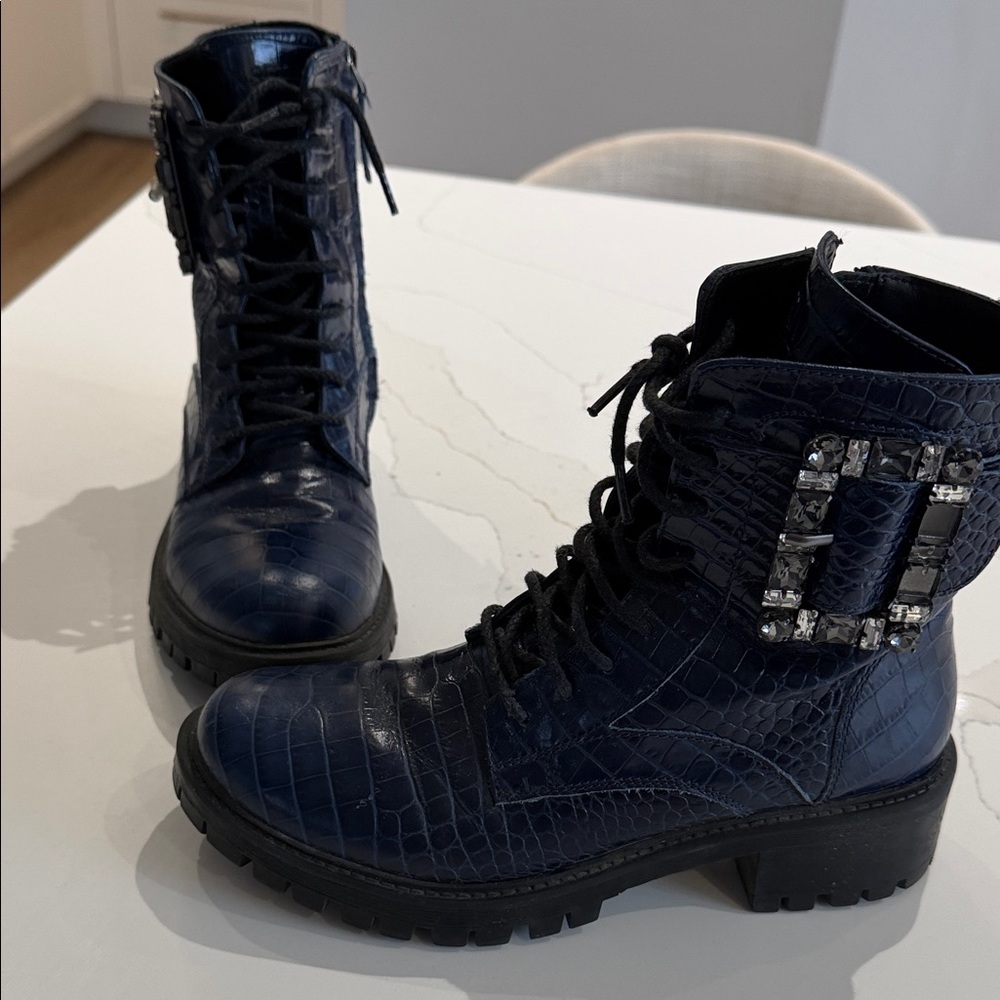Twin-Set Dark Blue Croc-Embossed Combat Boots